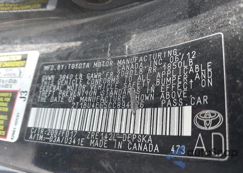 2012 Toyota Corolla S z USA, uszkodzony, nr VIN 2T1BU4EE5CC894726